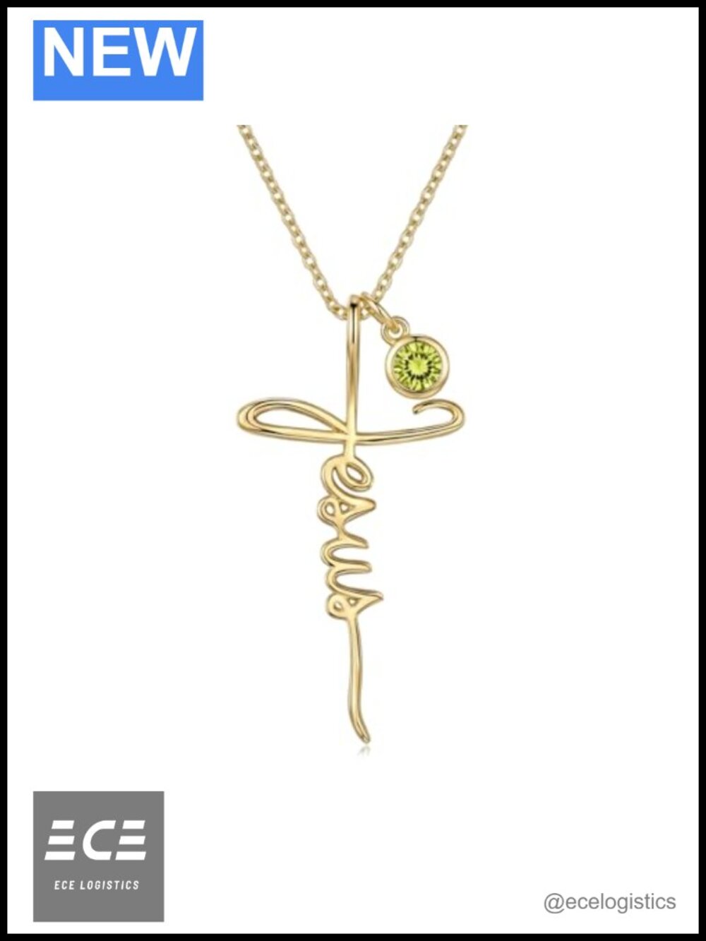 Peridot Jesus Cross Birthstone Pendant Necklace 18in Gold Plated